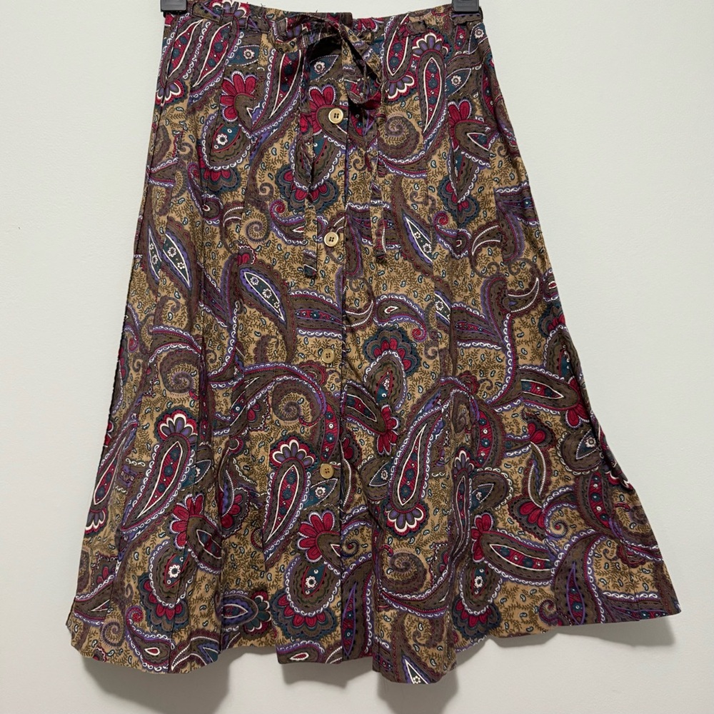 Vintage Surrey Tan Brown Red Paisley Pleated Button Down Skirt